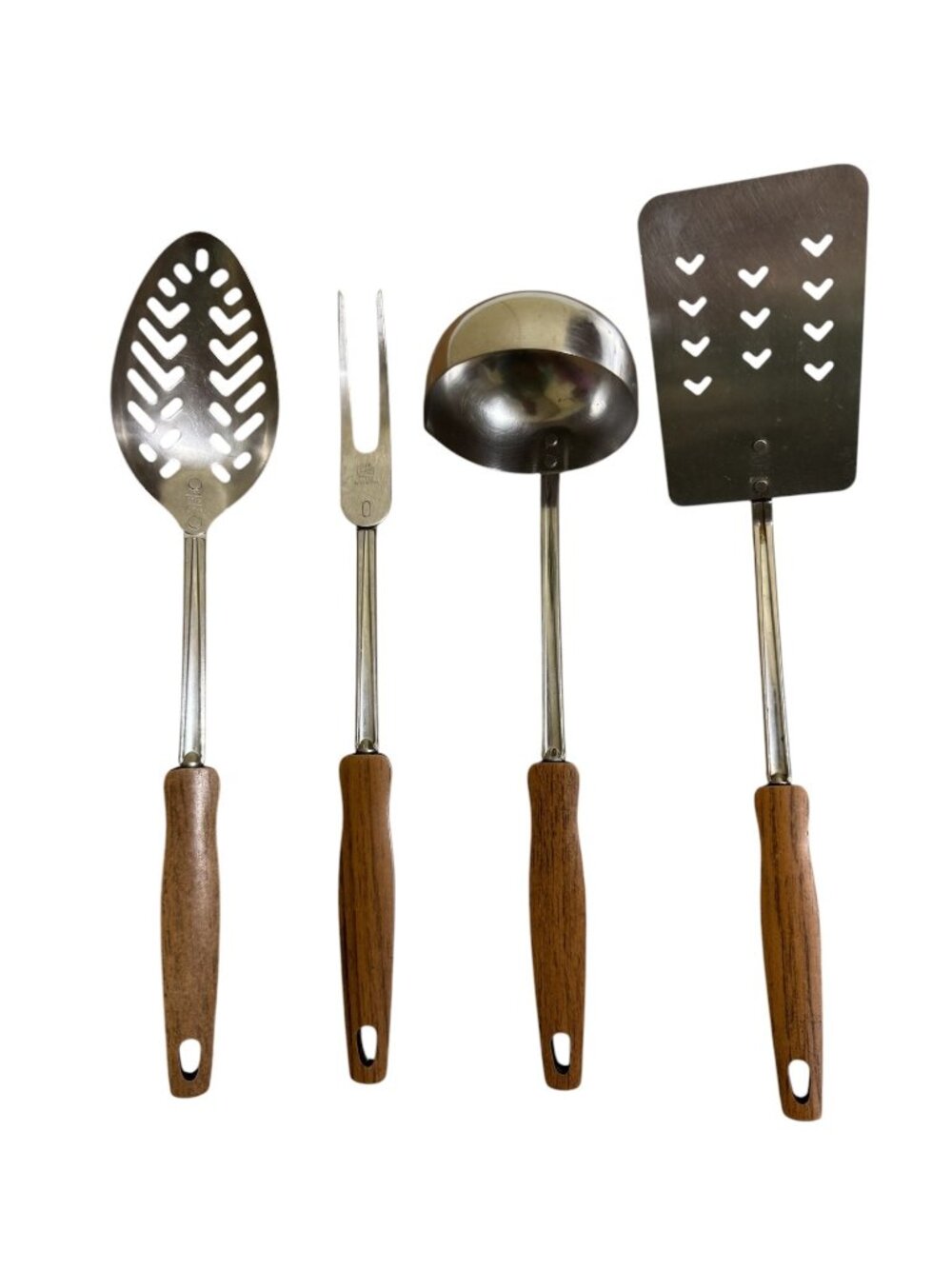 Vintage EKCO 4-Piece Stainless Steel Serving Set Faux Wood Brown Black Handles